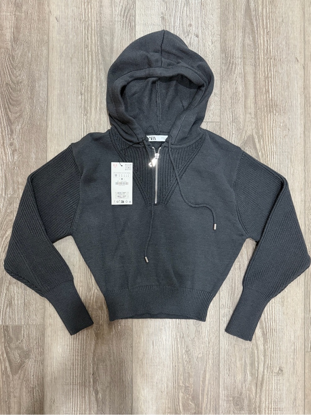 ZARA Charcoal Gray Hooded Half-Zip Knit Sweater